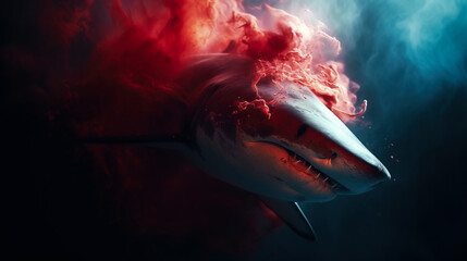 scary shark in water red with blood. Generative AI - obrazy, fototapety, plakaty