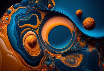 Blue and Orange Abstract Art. Modern Design with Marble Swirls and Agate Ripples. Beautiful, Natural Background with Gold Powder. Generative AI