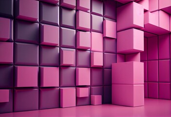 Pink Tiles arranged to create a Square wall. Semigloss, Futuristic Background formed from 3D blocks. 3D Render. Generative AI