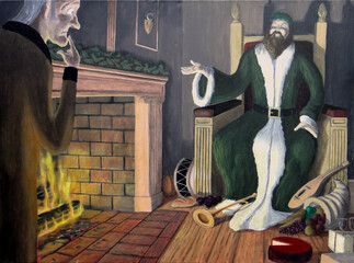 The Ghost of Christmas Present appears in front of Scrooge. - obrazy, fototapety, plakaty