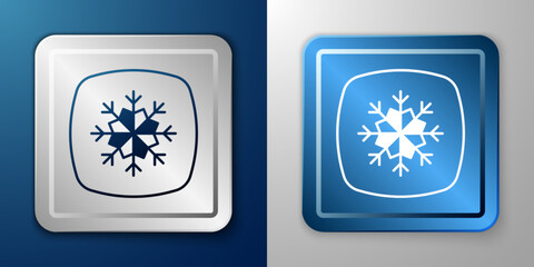White Snowflake icon isolated on blue and grey background. Merry Christmas and Happy New Year. Silver and blue square button. Vector