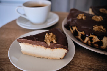 Home made cheesecake with chocolate.Delicious breakfast.Piece of homemade cheesecake.
