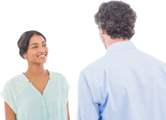 Smiling woman having discussion with male colleague