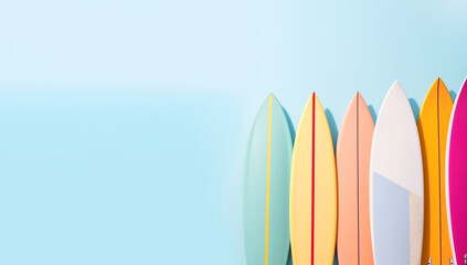  surf party concept. colorful surfboards on isolated pastel blue  background with copy space in the middle - obrazy, fototapety, plakaty