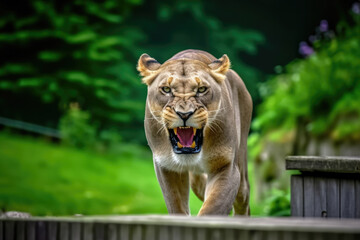 angry lioness with ears back and showing teeth looking at camera. - obrazy, fototapety, plakaty