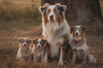 mother dog of the australian shepherd breed with her puppies looking at the camera.