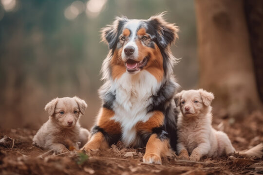 mother dog of the australian shepherd breed with her puppies looking at the camera.