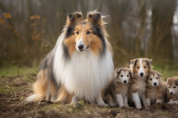 mother dog of the breed Rough collie with her puppies looking at the camera.