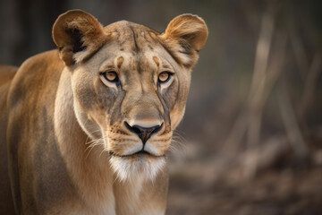 lioness standing still looking at the camera. - obrazy, fototapety, plakaty