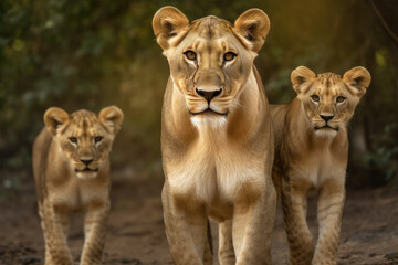 Fototapeta na wymiar lioness with cubs standing looking at the camera.