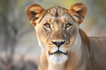 lioness standing still looking at the camera.