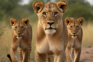lioness with cubs standing looking at the camera. - obrazy, fototapety, plakaty