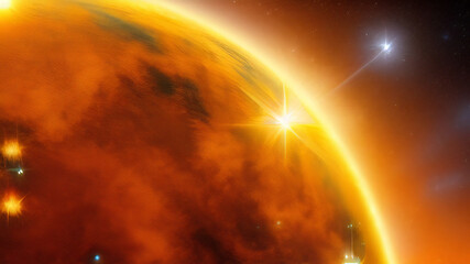 Captivating celestial spectacle: glowing stars, distant galaxies, milky way, moon, planets, nebulous formations.