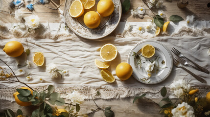 Rustic country table with lemon, lemon slices and flowers. created using generative ai