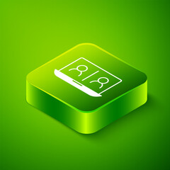 Isometric Video chat conference icon isolated on green background. Online meeting work form home. Remote project management. Green square button. Vector