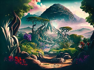 The Garden of Eden. Plants and nature in a heavenly place. A view of paradise. Created with generative AI tools - obrazy, fototapety, plakaty