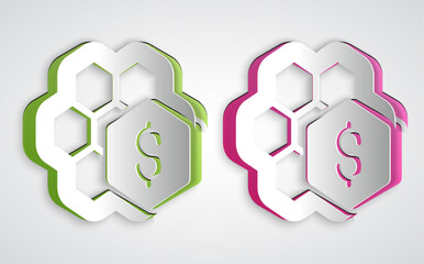 Obraz premium Paper cut Sale of honeycomb icon isolated on grey background. Honey cells symbol. Sweet natural food. Paper art style. Vector