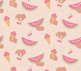 Watermelon and ice-cream summer vector illustration. Seamless pattern with fruits and berries in cartoon hands.