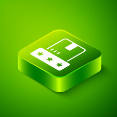 Isometric Consumer or customer product rating icon isolated on green background. Green square button. Vector