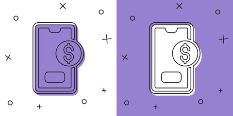 Set Smartphone with dollar symbol icon isolated on white and purple background. Online shopping concept. Financial mobile phone icon. Online payment. Vector