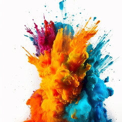 Colorful powder explosion on white background. Colored cloud. Colorful dust explode. Generative AI.
