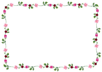 Vector background with pink rose flowers and green leaves. Horizontal poster