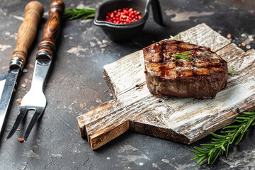 Grilled fillet mignon steak on a wooden board. Restaurant menu, dieting, cookbook recipe top view