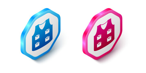 Isometric Fishing jacket icon isolated on white background. Fishing vest. Hexagon button. Vector