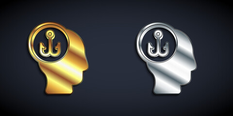 Gold and silver Fisherman icon isolated on black background. Long shadow style. Vector