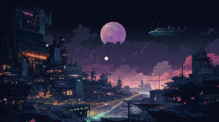 Futuristic Cyberpunk Cityscape Skyline. Sci-Fi Architecture Illustration. Generative AI.