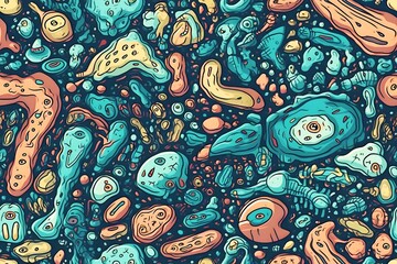 Seamless pattern depicting the microscopic world of bacteria and viruses, showcasing their unique shapes and structures. Generative Ai.