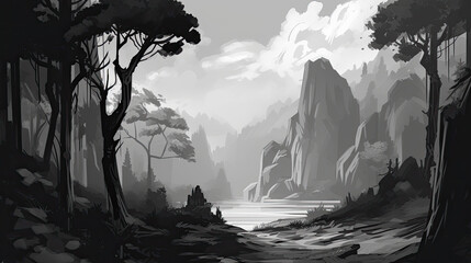zen black and white nature landscape, lake and mountain asia - by generative ai