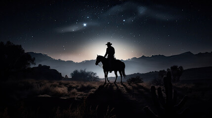 Obraz na płótnie Canvas horse and rider cowboy at sunset - by generative ai
