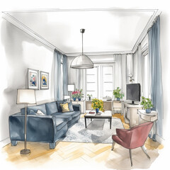 Bright and cozy drawing interior. Living room design created with generative ai tools
