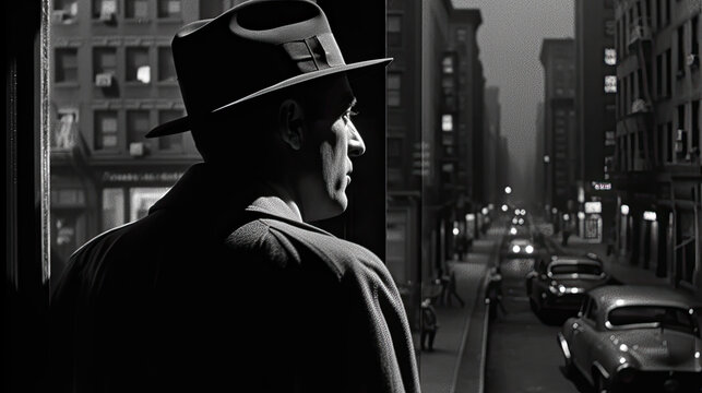 film noir private detective walking in the street, black and white - by generative ai