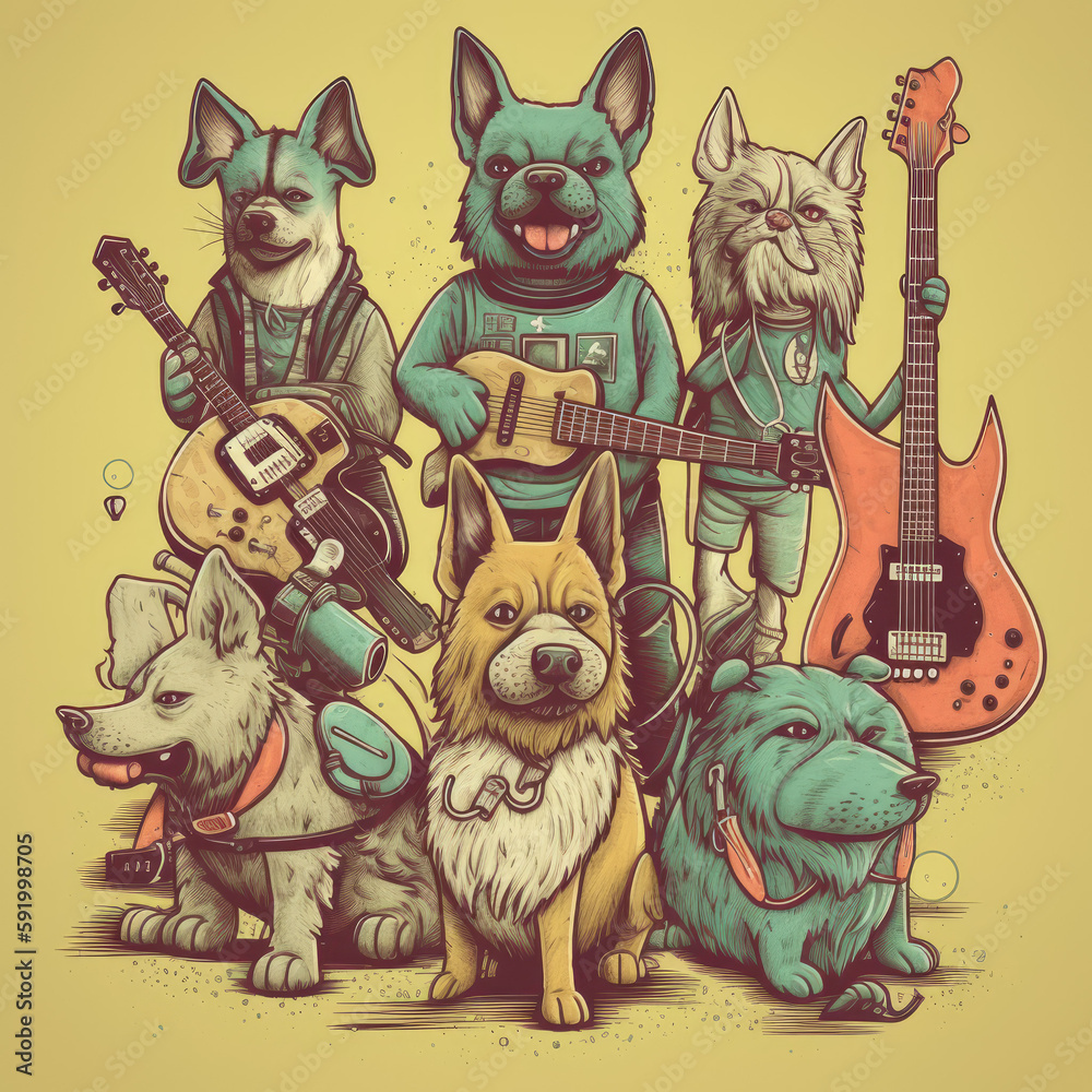 Wall mural cartoon dog band playing guitar - by generative ai - Wall murals