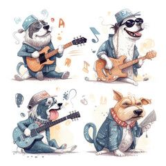 set of cartoon dog playing guitar - by generative ai