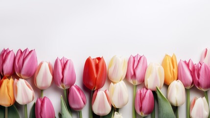 Colorful tulips on white background. Generative Ai