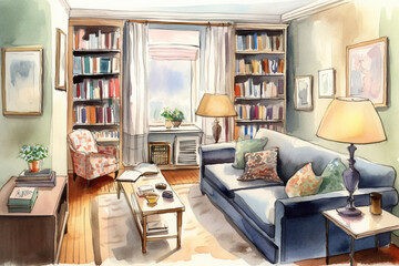 Bright and cozy drawing interior. Living room design created with generative ai tools