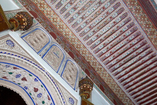Detail of decorative inlaid tile arch and ceiling; Morocco