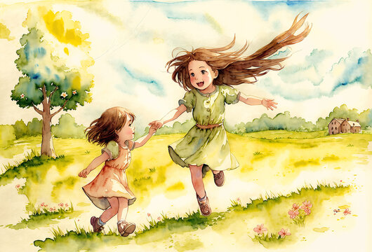 Carefree Days: Watercolor Paintings of Two Children Running Through a Sunlit Meadow.