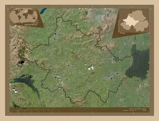 Tyrone, Northern Ireland. Low-res satellite. Labelled points of cities