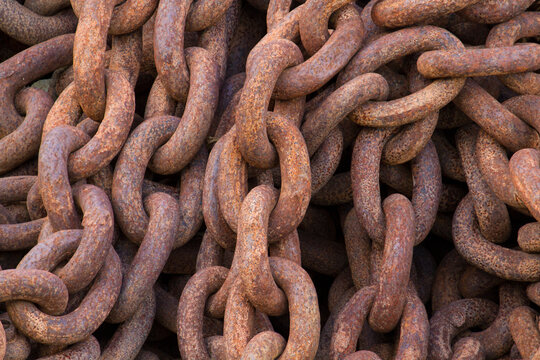 Close- up of an abundance of rusty chain links at the abandoned Stromness whaling station; South Georgia Island