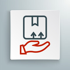 Line Delivery hand with cardboard boxes icon isolated on white background. Door to door delivery by courier. Colorful outline concept. Vector