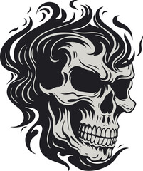 Skull with flames, burning skull, fire skull, black vector on a white background, SVG