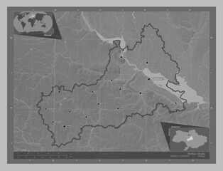 Cherkasy, Ukraine. Grayscale. Labelled points of cities