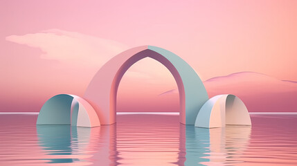 Obraz na płótnie Canvas Surreal 3D oval portal reflected in water in a futuristic twilight pink fantasy landscape. Generative AI