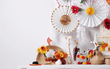 A festive Festa Junina display with paper fans, bright flowers, and traditional decorations, capturing the spirit of the holiday