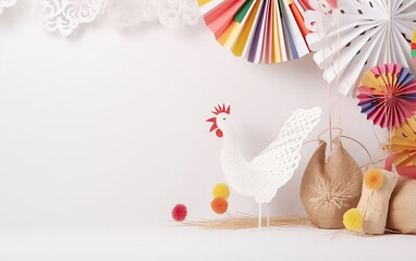 Colorful paper fans and a whimsical paper rooster set the scene for Festa Junina, Brazil's joyful harvest celebration