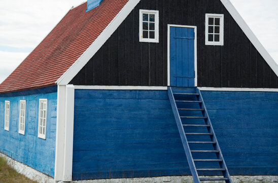 Narrow steps lead up to attic space in a building; Sisimiut, Greenland